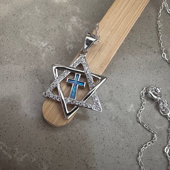 Star of David & Cross CZ Lab Opal Sterling Silver Necklace - Picture 2 of 5